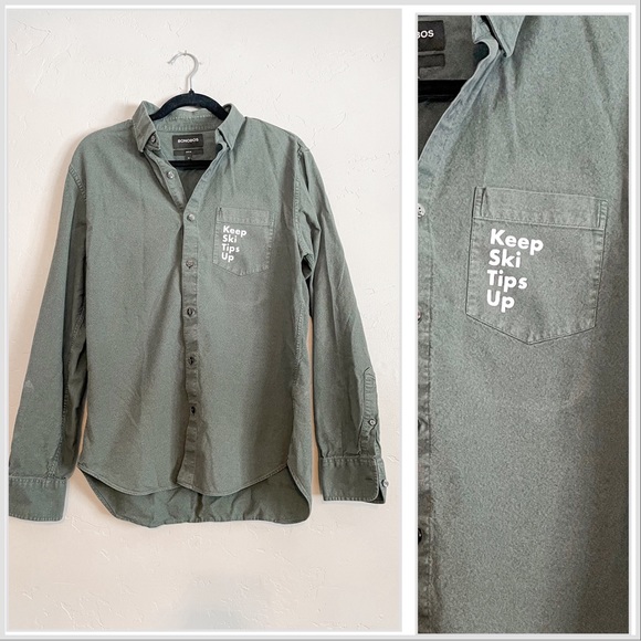 Tops - Keep Ski Tips Up Green Pocket Graphic Button Up
